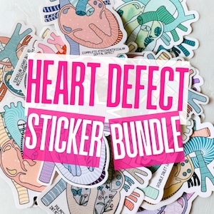 May include: A collection of heart-themed stickers with anatomical illustrations in shades of pink, blue, and green. The stickers feature various heart conditions and the text "HEART DEFECT STICKER BUNDLE" in a bright pink font.