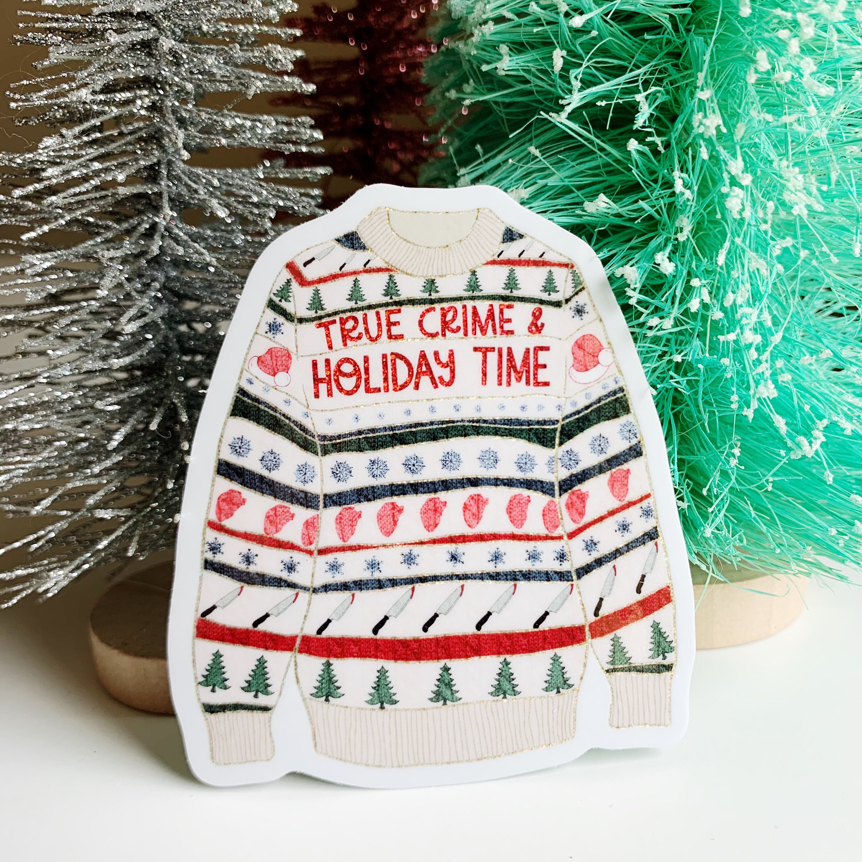 True Crime Holiday Sweater Stardust Sticker Ugly Christmas