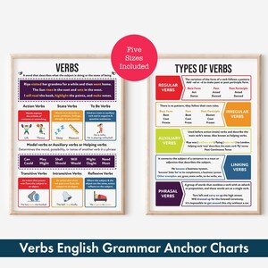 Arten von Verben auf Englisch: Poster für die englische Grammatik, lernen Sie, wie man Verben in einem Satz verwendet, englisches Klassenzimmer und Schulbedarf