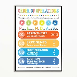 Order of Operations, Maths Classroom Poster, PEMDAS Poster, Homeschool Wall Art, Educational Posters, Maths Teacher Aid, Five Sizes Included