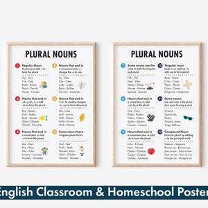 Plural Nouns with 12 Rules and Examples - English Grammar Poster for Classroom & Homeschool, Digital Download