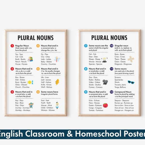 Plural Nouns with 12 Rules and Examples - English Grammar Poster for Classroom & Homeschool, Digital Download