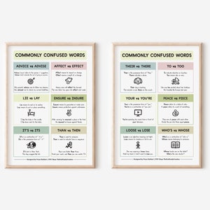 May include: Two printable posters with a light green, light pink, and light blue color scheme. The posters list commonly confused words in English, such as advice vs advise, affect vs effect, their vs there, to vs too, lie vs lay, ensure vs insure, your vs you're, peace vs piece, it's vs its, than vs then, loose vs lose, and who's vs whose.