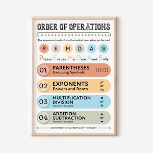 Orden de operaciones (colores boho), cartel del aula de matemáticas, cartel de PEMDAS, arte de pared de educación en el hogar, carteles educativos, ayuda para profesores de matemáticas