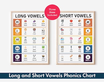 Short and Long Vowels Phonics Chart for Kids, Teaching aid for English Classroom and Homeschool curricula, Digital Download