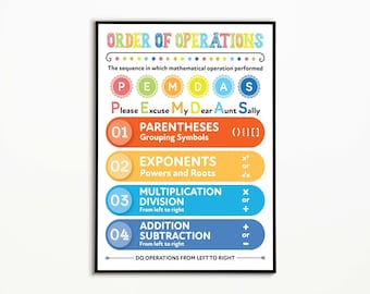 Reihenfolge der Einsätze, Mathematik Klassenzimmer Poster, PEMDAS Poster, Homeschool Wandkunst, Lernposter, Mathe Lehrer Hilfe, Fünf Größen Enthalten