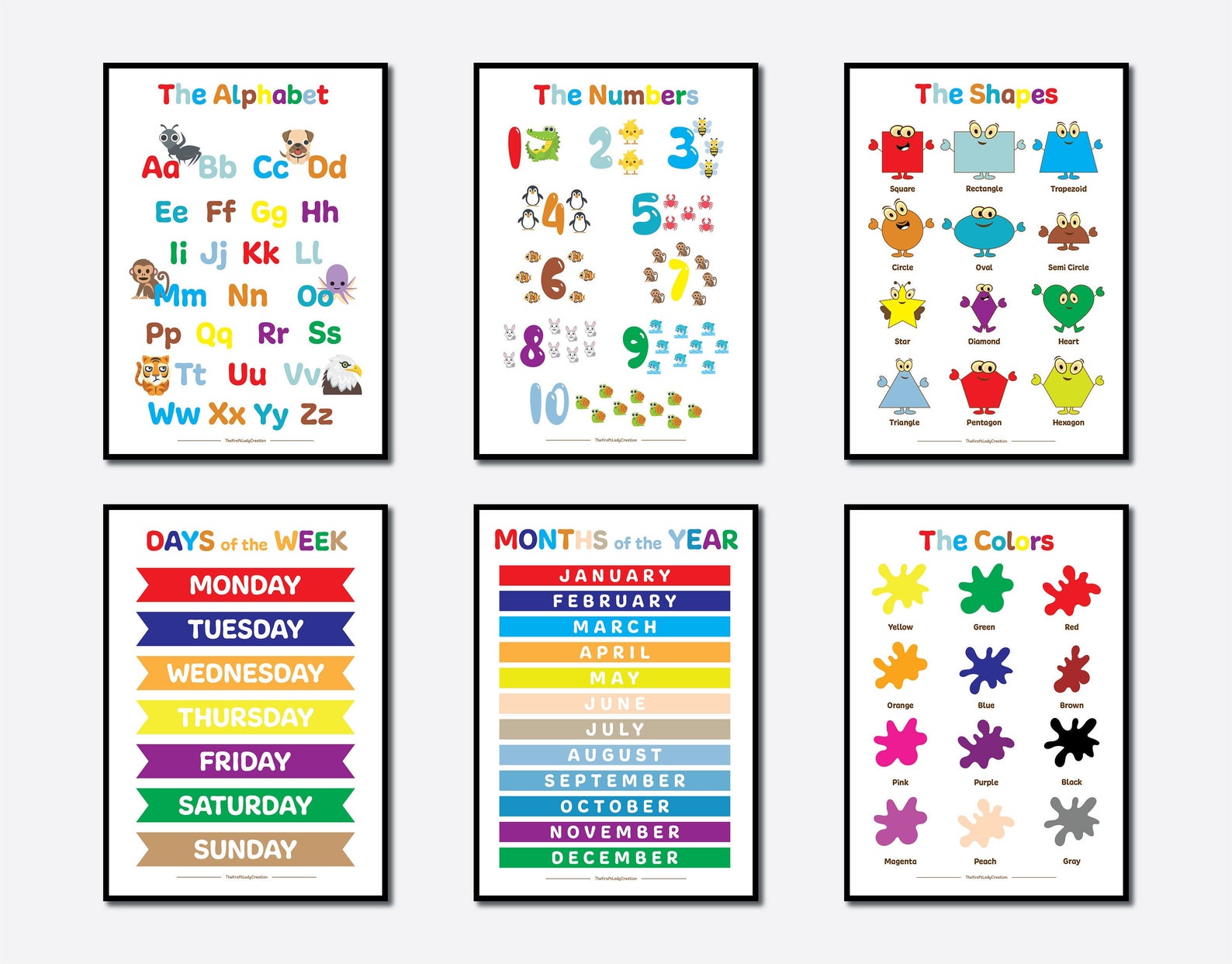 six educational poster a4 size alphabet numbers shape etsy