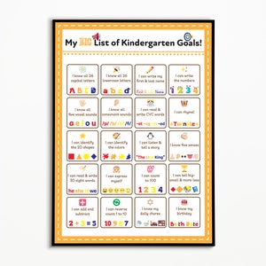 May include: A framed educational poster titled "My BIG List of Kindergarten Goals!" with a black border. The poster features colorful text and illustrations, including the alphabet, numbers, shapes, and sight words, designed for early childhood education.
