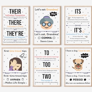English Classroom Posters, Homophones & Punctuation Marks English Grammar Wall Art, English Language Learning Wall Décor, Digital Download