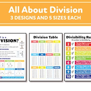 Carteles de División – 3 Nos., División, Estrategias, Tabla de División, Cartel del Aula de Matemáticas, Decoración de la Pared del Aula, Descarga Digital imagen 1