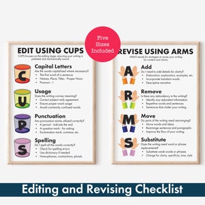 May include: A colorful printable checklist for editing and revising writing. The checklist uses the acronyms CUPS and ARMS to help remember the steps. CUPS stands for Capital Letters, Usage, Punctuation, and Spelling. ARMS stands for Add, Remove, Move, and Substitute.