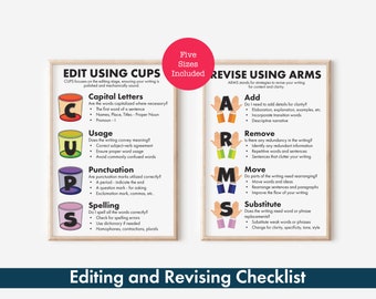 CUPS and ARMS Posters - Editing and Revising Writing Strategies | Teacher’s Aid to Transform English Writing Skills