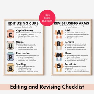 May include: A colorful checklist poster with the title "Editing and Revising Checklist". The poster is divided into two sections: "Edit Using CUPS" and "Revise Using ARMS". Each section has a list of editing and revising tips, represented by colorful cups and arms.