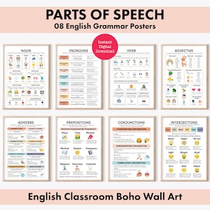 Könnte beinhalten: Acht farbige, druckbare Poster für ein Englisch-Klassenzimmer. Jedes Poster zeigt einen anderen Wortarten, wie Nomen, Verben, Adjektive, Adverbien, Pronomen, Präpositionen, Konjunktionen und Interjektionen. Die Poster sind mit bunten Symbolen und Beispielen für jede Wortart illustriert.