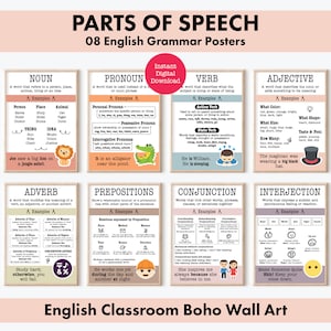 8 parties du discours - affiches de grammaire anglaise, art mural bohème d'apprentissage de la langue pour la salle de classe et l'école à la maison, fournitures pour enseignants