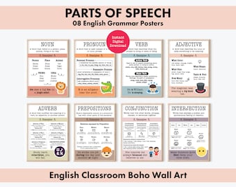8 Parts of Speech - English Grammar Posters, Boho Language Learning Wall Art for Classroom and Homeschool, Teacher Supplies