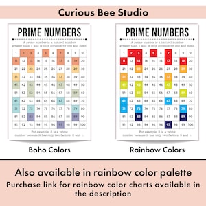 Available in two color palettes: Boho and Rainbow Colors
The link for the rainbow themed prime numbers chart is in the description.