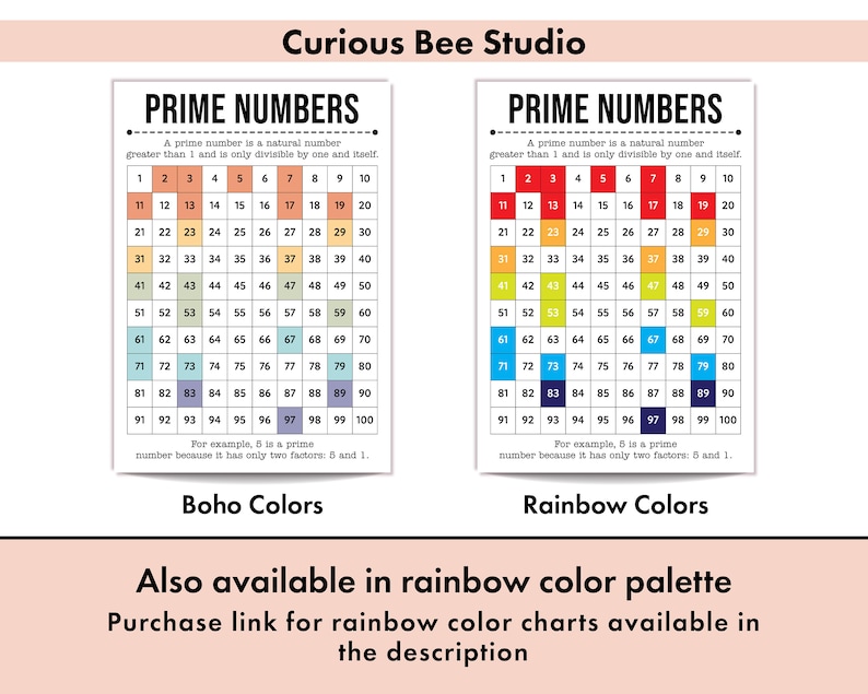 Available in two color palettes: Boho and Rainbow Colors
The link for the rainbow themed prime numbers chart is in the description.