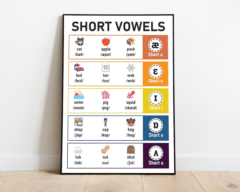Short and Long Vowels Phonics Chart for Kids, Teaching Aid for English ...