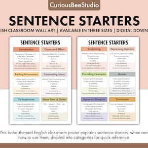 Sentence Starters Charts cover important categories such as Time and Chronology, Cause and Effect, Comparison," and "Contrast