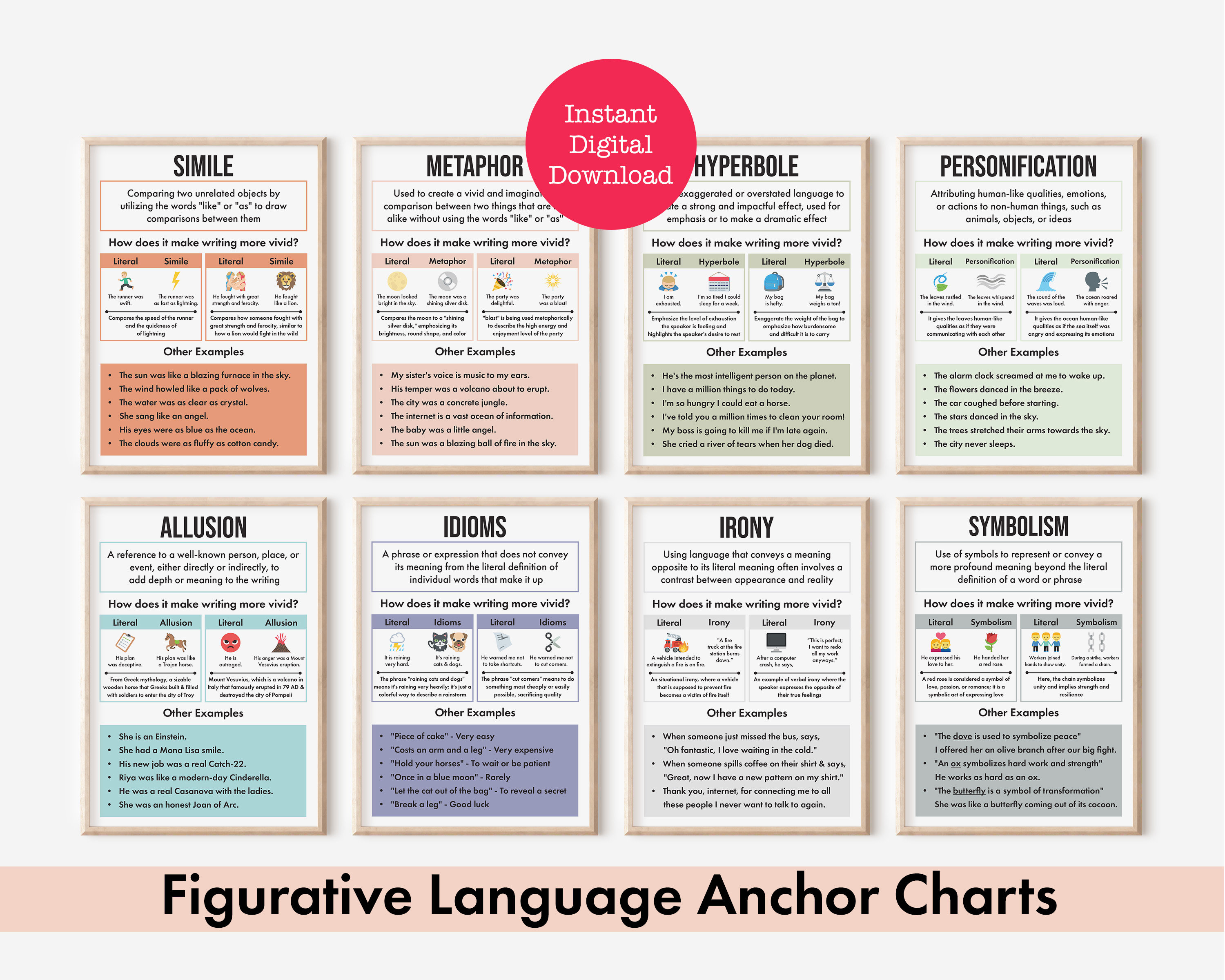 Figurative Language: Explore 08 Literary Devices, English Language Art Posters, Boho Wall Art, Digital Download