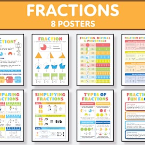 Bruch Poster Bündel - Set mit 08 Mathepostern, Bruch Klassenzimmer Wandkunst, Mathe Lernposter, digitaler Download, 04 Größen