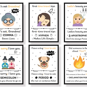 Pontuação é importante - conjunto de 6 pôsteres de sinais de pontuação de gramática inglesa, pôsteres de humor de pontuação, pôster de sala de aula, download instantâneo