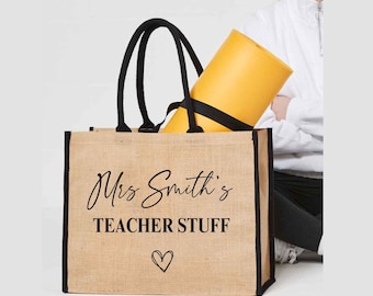 Personalised Teacher Bag, Custom Teacher Stuff Bag, Teacher Tote Bag, Teacher Gift, TA Gift, Thank You Teacher Present, Jute Lunch Bag