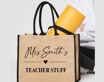 Personalised Teacher Bag, Custom Teacher Stuff Bag, Teacher Tote Bag, Teacher Gift, TA Gift, Thank You Teacher Present, Jute Lunch Bag