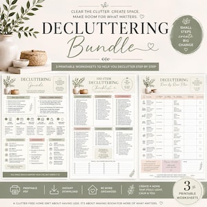 May include: A decluttering bundle featuring three printable worksheets with the titles Decluttering Guide, 100-Item Decluttering Checklist, and Decluttering Room-by-Room Plan. The documents include lists, tables, and text in black and sage green.