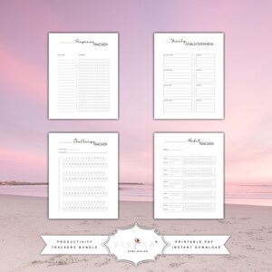 May include: Four white printable PDF productivity trackers. The trackers include a progress tracker, yearly goals overview, challenge tracker, and habit tracker. The bottom of the image has the text "Productivity Trackers Bundle" and "Printable PDF Instant Download".
