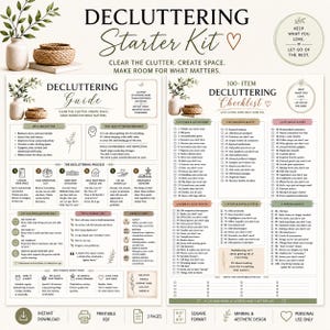 Könnte beinhalten: Ein zweiseitiges Entrümpelungs-Starter-Kit als druckbares PDF, bestehend aus einem Leitfaden und einer Checkliste mit 100 Punkten. Die Dokumente enthalten Text, Aufzählungspunkte und Kontrollkästchen in einer neutralen Farbpalette mit botanischen Motiven.
