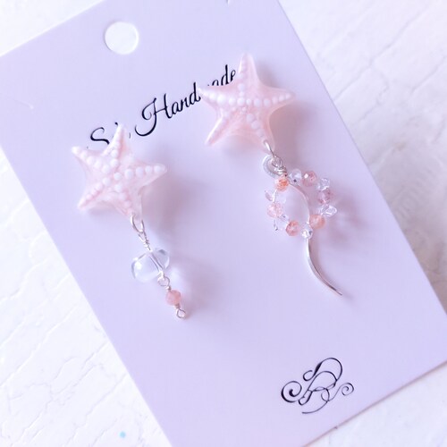 Hand painted seastar earrings,seastar stud dangle shops earrings,circular sunstone and crystal drop earrings,art resin earring,ocean,coral color