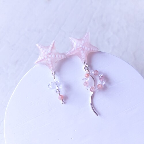 Hand painted seastar earrings,seastar stud dangle shops earrings,circular sunstone and crystal drop earrings,art resin earring,ocean,coral color