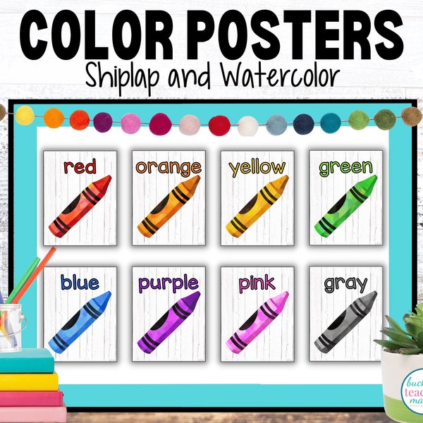 Printable colors posters, Classroom Decor, Shiplap, Watercolor