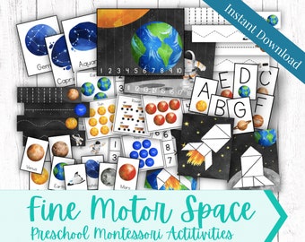May include: A set of printable space-themed fine motor activities for preschoolers. The set includes a variety of activities, such as tracing lines, matching shapes, and counting objects. The activities are illustrated with colorful images of planets, stars, and astronauts.