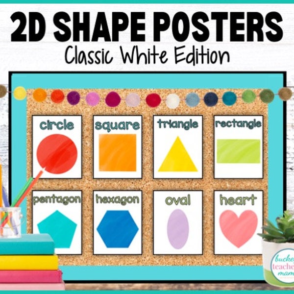 Printable Shape Posters Classroom Decor, White, Classic, Watercolor, 2D shapes