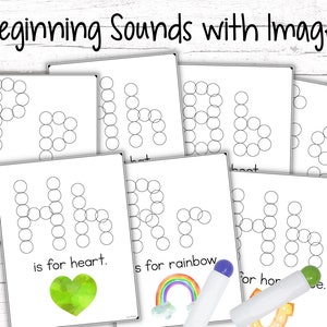 May include: Black and white printable worksheet with images and text. The worksheet features the letters P, H, R, and H, each made up of circles. The letters are accompanied by images of a paintbrush, a heart, a rainbow, and a horseshoe. The text reads "Beginning Sounds with Images", "is for", and "is for heart."