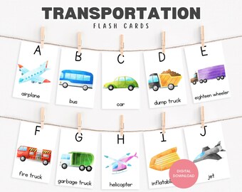 ABC Transportation Flash Cards Printable, Vehicle Alphabet A-Z, Preschool PreK Kindergarten Phonics Learning Cards PDF