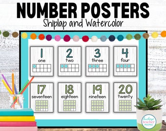 Printable Number Posters Classroom Decor, Shiplap, Watercolor, Teal, and Lime, Homeschool Decor, Shiplap Decor, Hundreds Chart