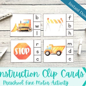 Construction Clip Cards for Preschool | Montessori | Letters and Counting | Preschool Fine Motor Activity