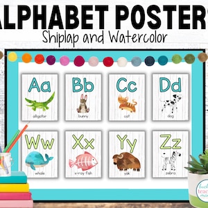 ABC Poster zum Ausdrucken, Klassenzimmer Dekor, Shiplap, Aquarell, Petrol und Limette, Klassenzimmer Dekor, Alphabet Poster