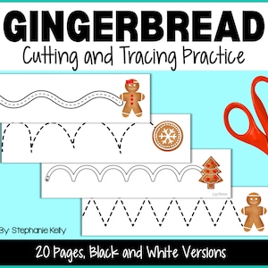 Christmas Gingerbread Cutting and Tracing Pages for Preschool, Printable, Homeschool Activity, Montessori Inspired, Fine Motor Activity