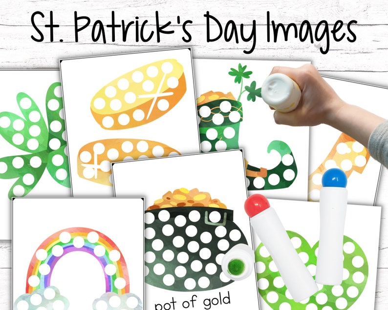 May include: A set of printable St. Patrick's Day dot-to-dot images. The images include a shamrock, a pot of gold, a rainbow, and a leprechaun's boot. Each image has a white background and is ready to be colored in with dot markers.