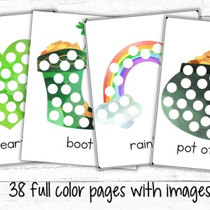 May include: Four printable St. Patrick's Day themed dot-to-dot activity sheets. The images are a heart, a boot, a rainbow, and a pot of gold. Each image has a title below it.