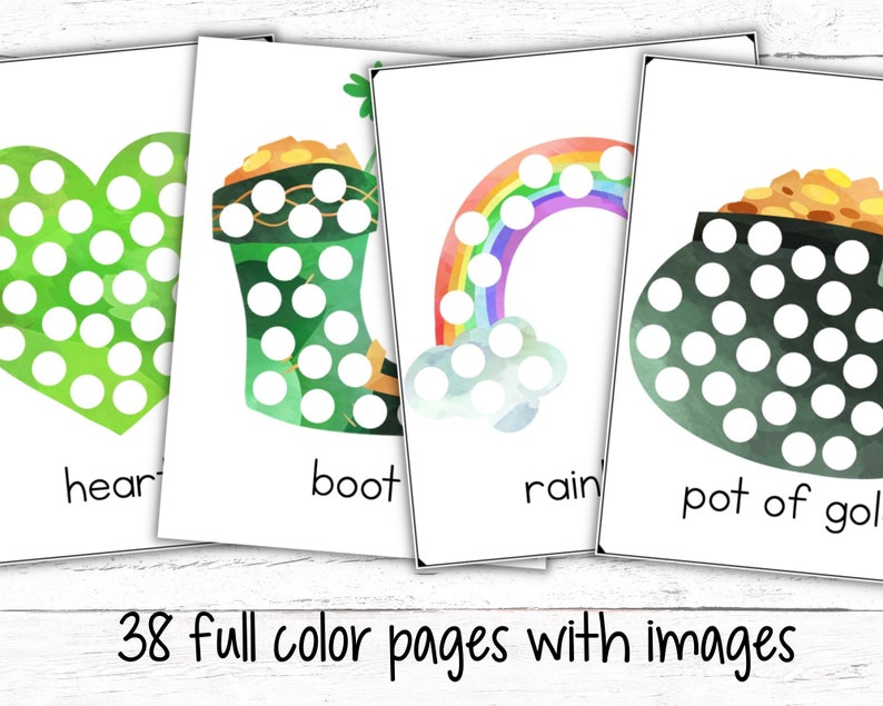 May include: Four printable St. Patrick's Day themed dot-to-dot activity sheets. The images are a heart, a boot, a rainbow, and a pot of gold. Each image has a title below it.