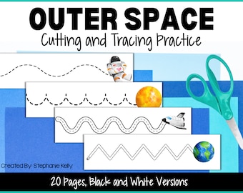 Outer Space Theme Cutting and Tracing Practice for Preschool, Space Fine Motor Center, Outer Space Montessori Activity, Preschool Printable