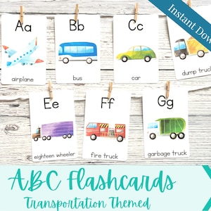 Tarjetas flash de transporte ABC, tarjetas didácticas de vehículos, juego de tarjetas de vehículos alfabéticos, clase temática de automóviles, tarjetas flash imprimibles, decoración del aula ABC