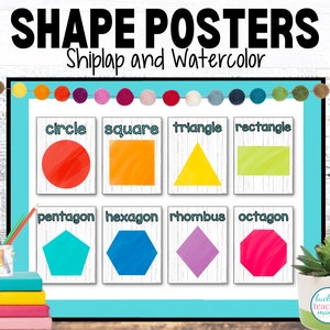 Printable Shape Posters Classroom Decor, Shiplap, Watercolor, 2D shapes