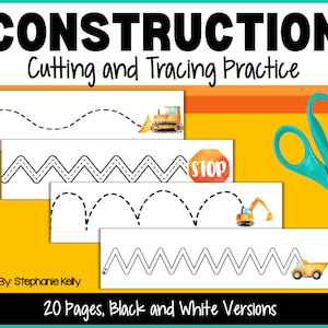 Construction Scissor Practice Activity for Preschool, Fine Motor Cutting and Tracing Center, Montessori Activity for Preschool
